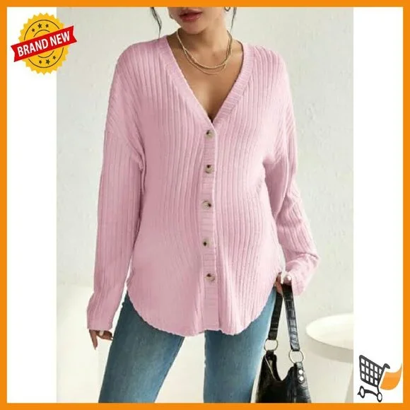 Maternity Long Sleeve Ribbed Knit Button Down Shirt Drop Shoulder V Neck - Picture 5 of 6